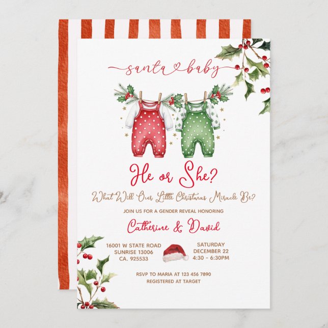 Convites Santa He or She Christmas Gender Reveal Invitation (Frente/Verso)