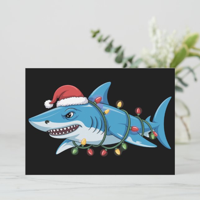 Convites Santa Shark Christmas Lights Sharkmas Tree Xmas (Em pé/Frente)