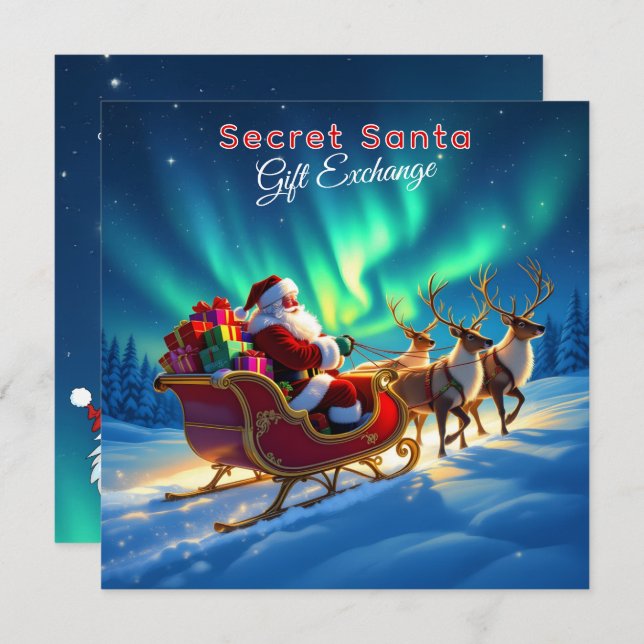 Convites Santa Sleigh & Northern Lights Secret Santa Party (Frente/Verso)
