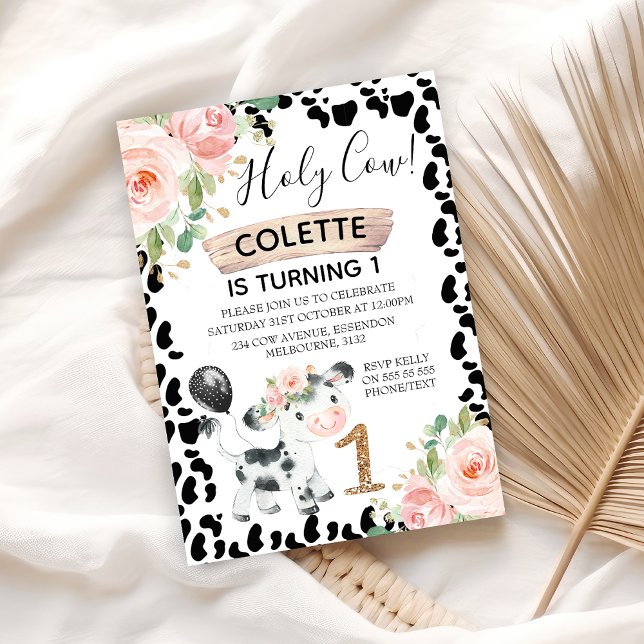 Convites Santa Vaca Floral e primeiro aniversario de Vaca C (Girls Holy Cow 1st Birthday Invitation, Cow Themed First Birthday Invitation, Floral Black Cow Print)