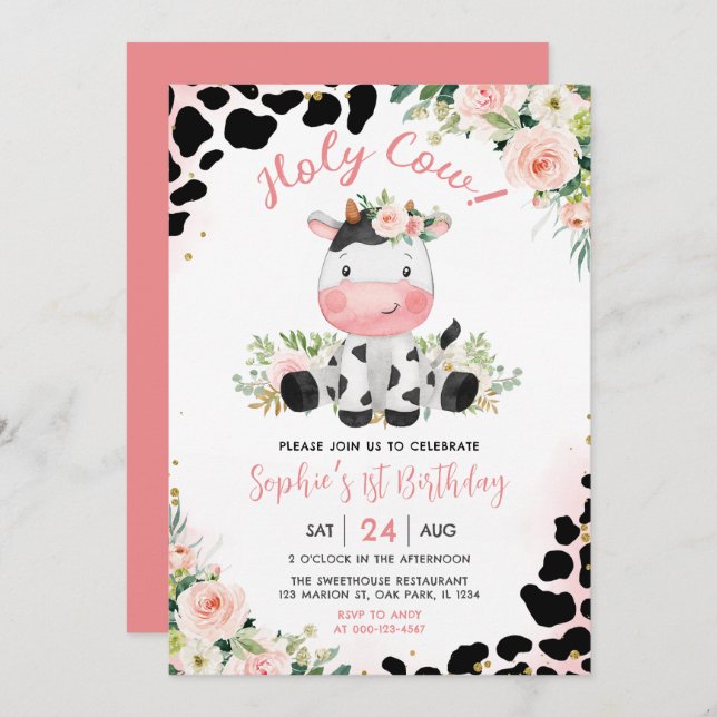 Convites Santa Vaca, Rosa, primeiro aniversario Floral (Frente/Verso)