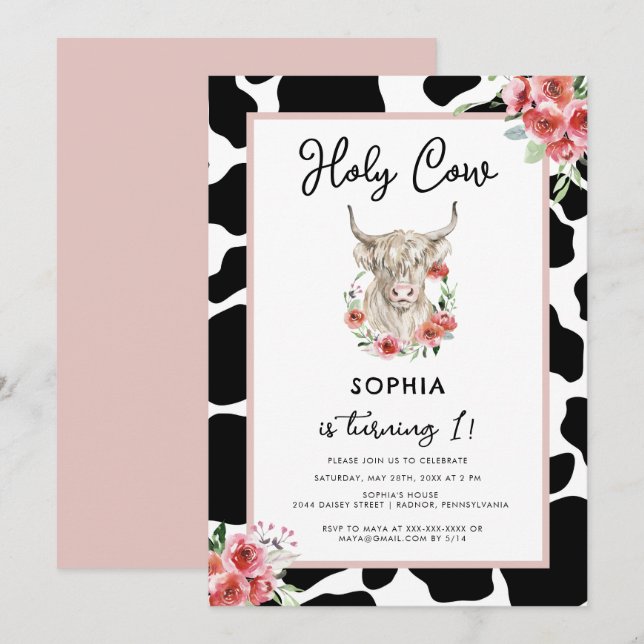 Convites Santa vaca, sou um aniversário rosa (Frente/Verso)