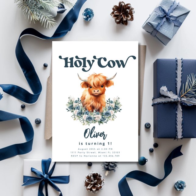 Convites Santa Vaca, sou um primeiro aniversario de Vaca Hi (Holy Cow Birthday Invitation for Boys)