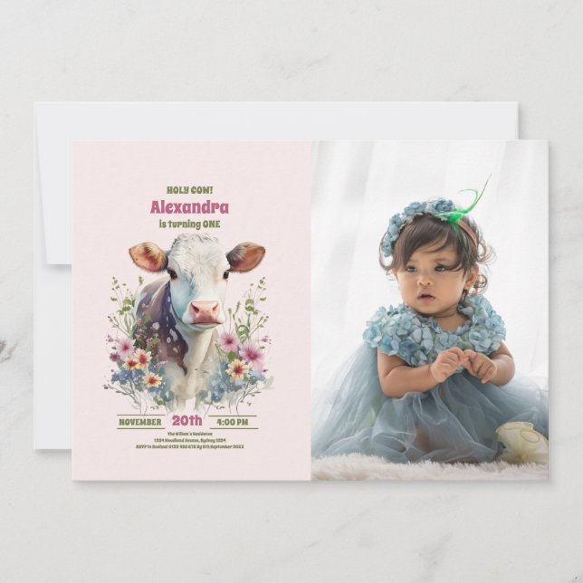 Convites Santa vaca, sou uma primeiro aniversario de vaca (Frente)