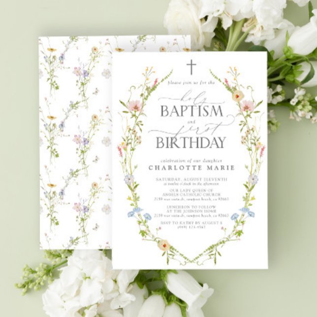 Convites Santo Batismo e primeiro aniversario Natureza de f (Easily personalize this baptism and first birthday invite with your personal details.)
