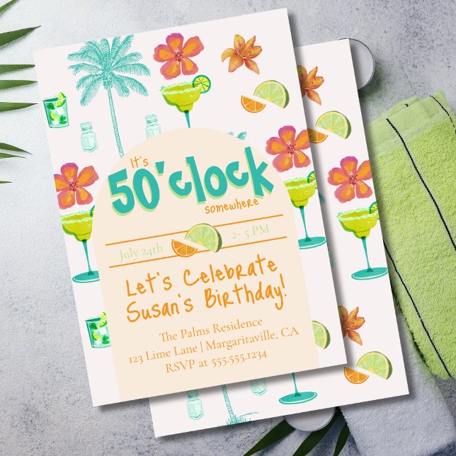 Convites São 5 horas em algum lugar do tema da festa (It's 50'clock Somewhere! Celebrate the occasion with this tropical green invite.)