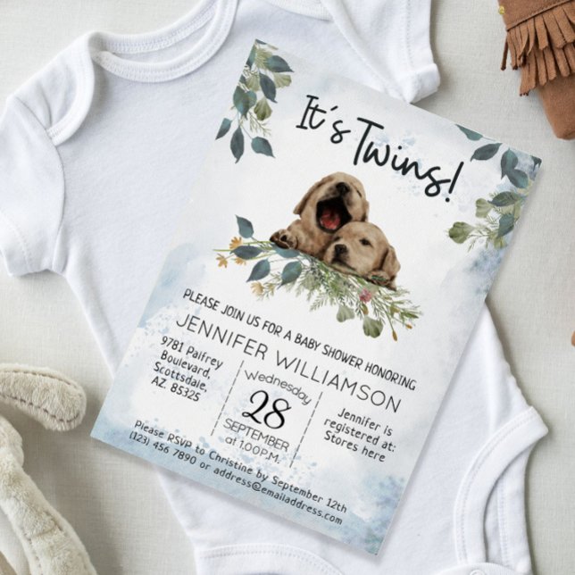 Convites São Gêmeos! Chá de fraldas de Aquarela de Cães de  (Twins Baby Shower Invitation. cute modern watercolor puppies.)