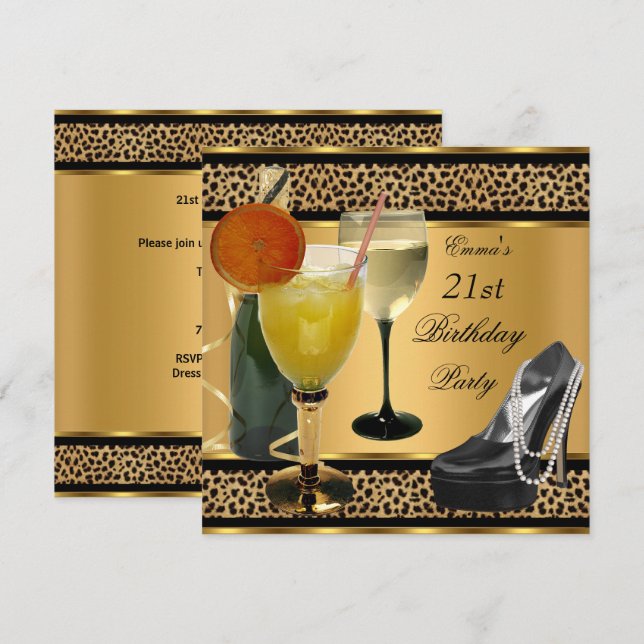 Convites Sapatênis de Bebidas com Leopardo para Festa de An (Frente/Verso)