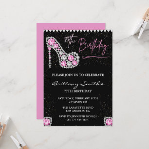 Convites Sapatilha Brilho Preto Rosa Diamante Glam 77º aniv