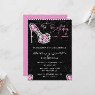 Convites Sapatilha Brilho Preto Rosa Diamond Glam 81º anive