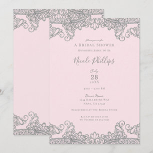 Convites Sapatilha Rosa com Renda Prata Elegante Chuveiro d