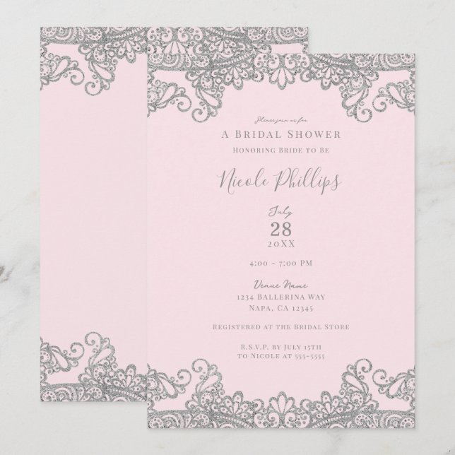 Convites Sapatilha Rosa com Renda Prateada Elegante Chá de  (Frente/Verso)