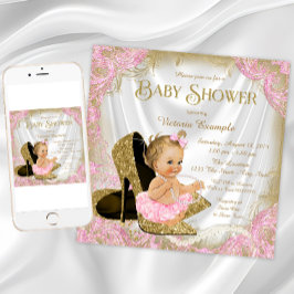 Convites Sapato de Menina Rosa Brilho Dourado Pérola Baby S