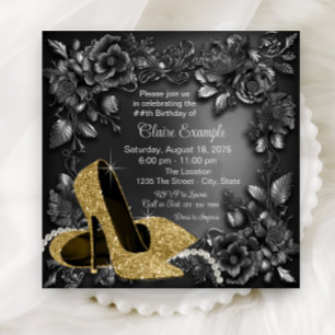 Convites Sapato Dourado Preto Feminino Floral Festa de Aniv