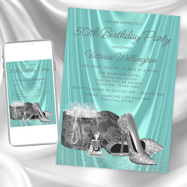 Convites Sapato Prateado Azul Turquesa de Mulher para Anive (Womans teal silver any birthday invitation. Instant download and printed invitations available.)