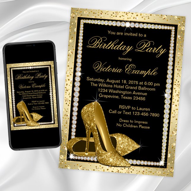 Convites Sapato Preto Elegante de Salto Alto Dourado de Mul (Womans black and gold high heel shoe birthday party invitation. Gold shoes diamonds birthday invite.)