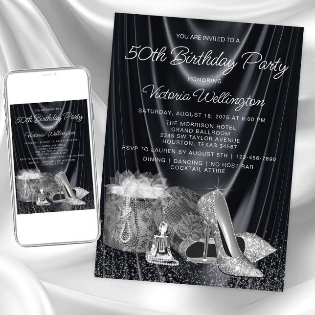 Convites Sapato Preto Prateado de Mulher em Qualquer Número (Womans black silver birthday invitation. Instant download and printed invitations available.)