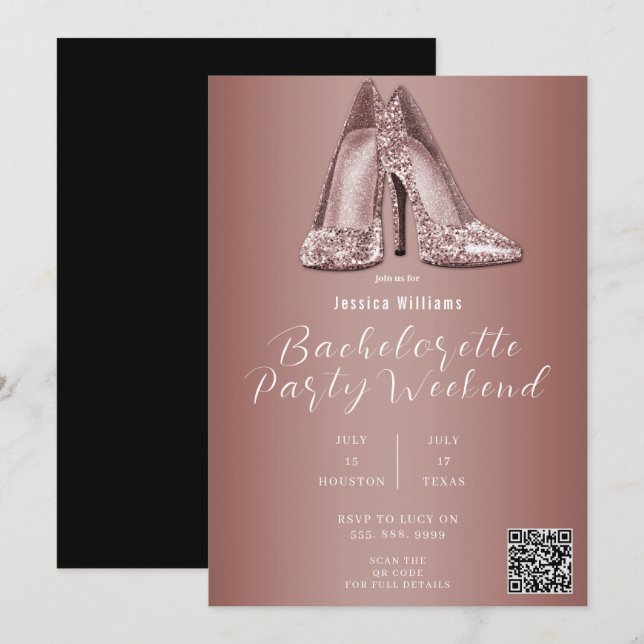 Convites Sapatos Brilho Dourado Rosa Código QR Despedida de (Frente/Verso)