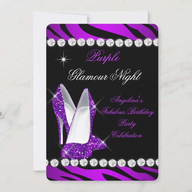 Convites Sapatos Brilho Zebra Noite Glamour Roxo (Frente)