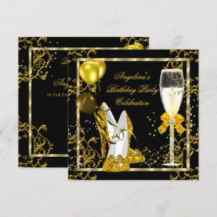 Convites Sapatos Champagne Dourado Preto Brilho Saltos Aniv