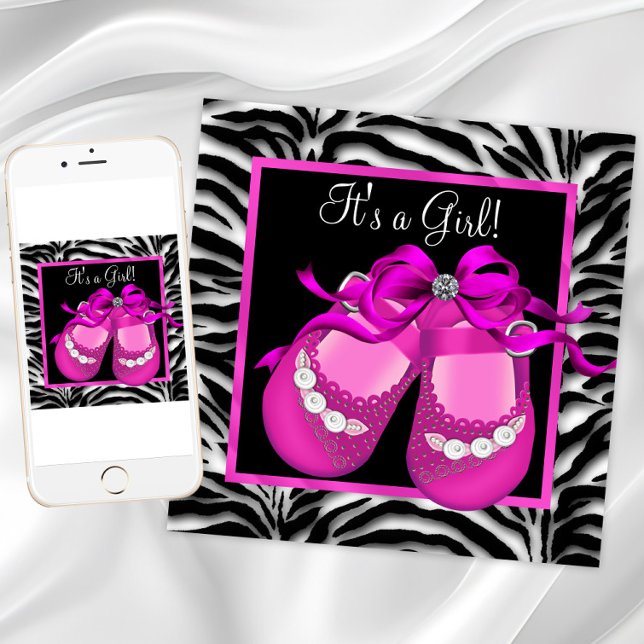 Convites Sapatos de Bebê Rosa Quente Zebra Chá de Bebê Meni (Hot pink baby shower invitation with cute baby shoes. Download and printed invitations available.)