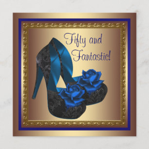 Convites Sapatos de Salto Alto Azul Royal Dourado Aniversár