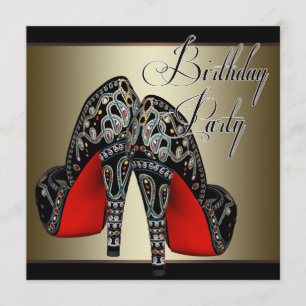 Convites Sapatos de Salto Alto Vermelho Preto e Dourado Ele