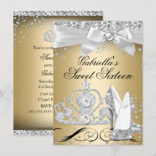 Convites Sapatos de Salto Tiara Brilho Dourado Sweet 16