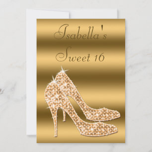 Convites Sapatos Glamourosos Sweet 16 Dourados de Salto Alt