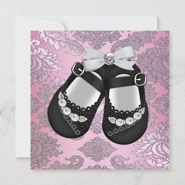 Convites Sapatos Pretos Rosa Bebê Menina Damask (Frente)