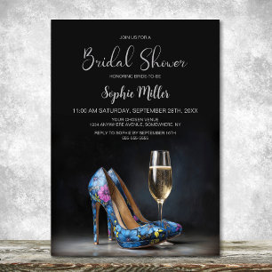 Convites Sapatos Stiletto Florais Azuis Elegantes para Chá 