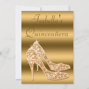 Convites Sapatos Stilettos Dourados Glamourosos Quinceañera