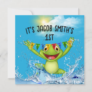 Convites Sapo do primeiro aniversario pulando na água