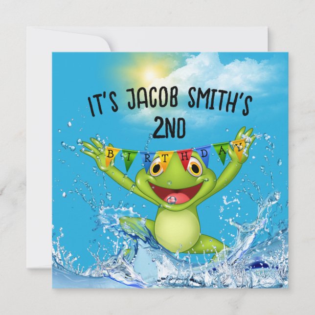 Convites Sapo do segundo aniversário pulando na água (Frente)