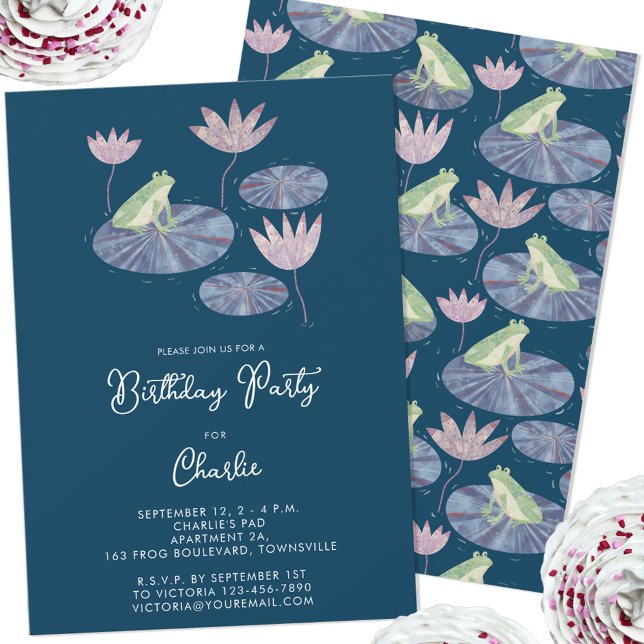 Convites Sapo em Festa de Aniversário de criança Lily Pond  (Cute frog themed personalized kids birthday party invitation)