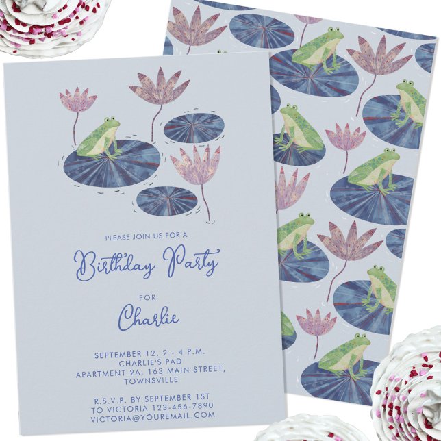 Convites Sapo em Festa de Aniversário de criança Lily Pond  (Cute frog themed kids birthday party invitation with custom personalized text)
