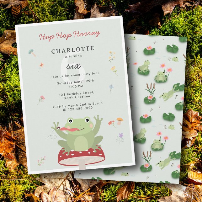 Convites Sapo Fofo Pula Pula Hurrá Flor de Cogumelo Anivers (Cute Frog Hop Hop Hooray Mushroom Floral Birthday Invitation)