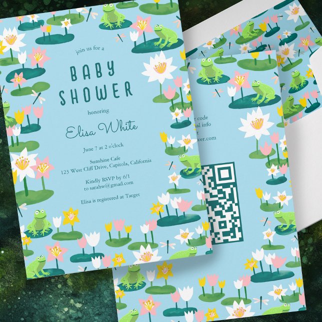 Convites Sapos e Lily Pads CHÁ DE FRALDAS de CÓDIGO QR CLIE (Frogs & Lily Pads Cute CUSTOM QR CODE BABY SHOWER Invitation Floral Blue Pink Green )