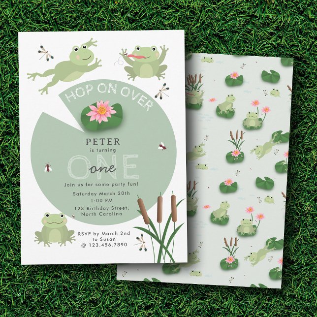 Convites Sapos Fofos no Lago de Lírios Pulam Sobre o Aniver (Cute Frogs in Lily Pond Hop On Over Kids Birthday Invitation)