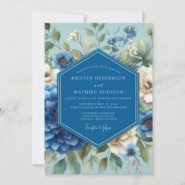 Convites Sapphire Blue Painterly Bloom Wedding (Frente)