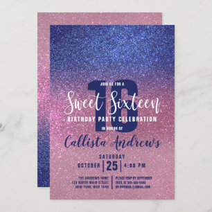 Convites Sapphire Blue Pink Triple Glitter Ombre Sweet 16