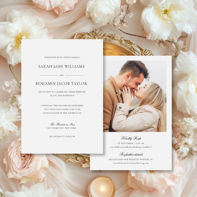 Convites Sarah Elegant Casamentos com RSVP (This luxury wedding invite with RSVP features an elegant script font and an engagement photo.)