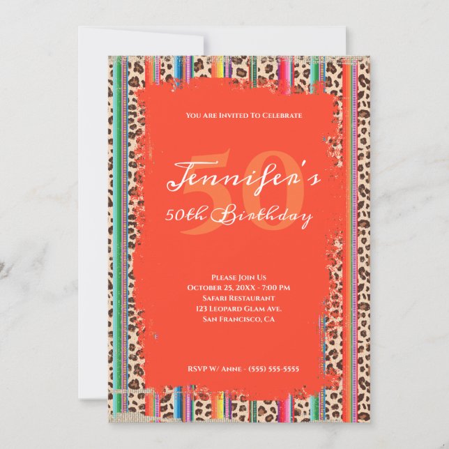 Convites Sarape Leopardo Grunge Safari Orange 50º Aniversár (Frente)