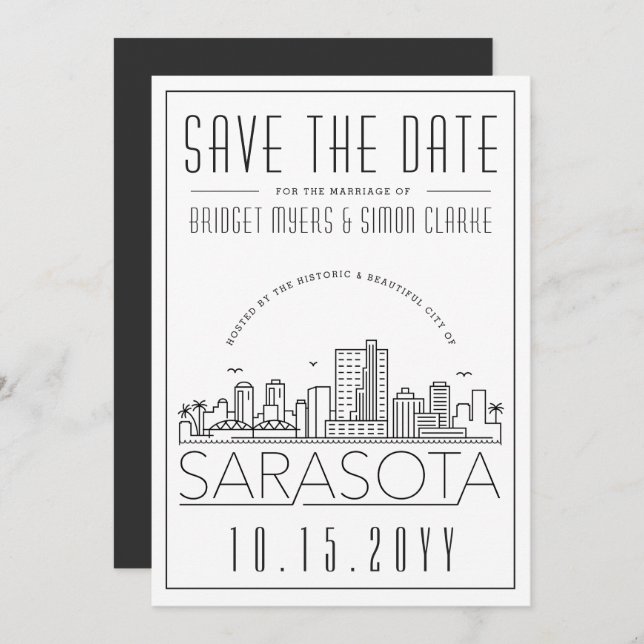 Convites Sarasota Wedding | Skyline Estilizado Salvar a Dat (Frente/Verso)
