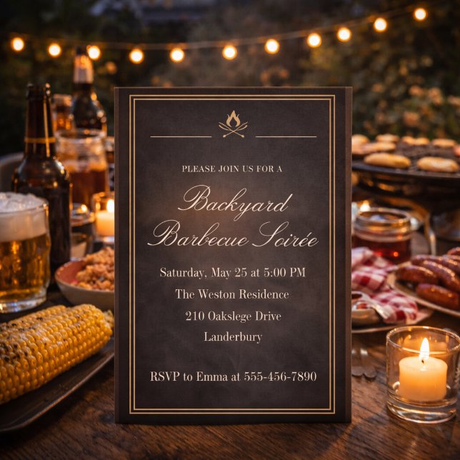 Convites Saráu de Churrasco no Quintal (Charcoal backyard BBQ soirée with firelight detail for a refined evening cookout)