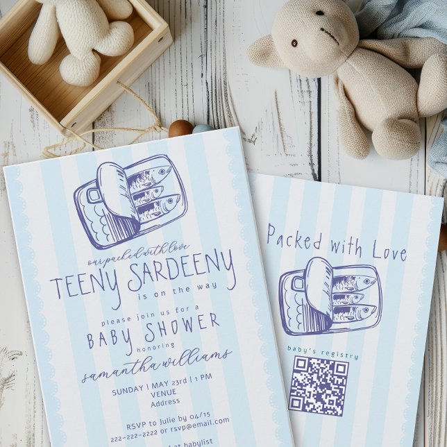 Convites Sardinhas Enlatadas Cheias de Amor Chás de Bebê (Packed with Love Tinned Sardine Teeny Sardeeny Mediterranean QR Code Nautical Baby Shower Invitation)