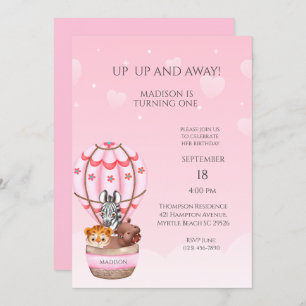 Convites Sarfari Animal Hot Air Balloon Girl Primeiro Anive