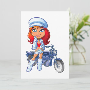 Convites Sassy Biker Girl com cabelo vermelho e motocicleta