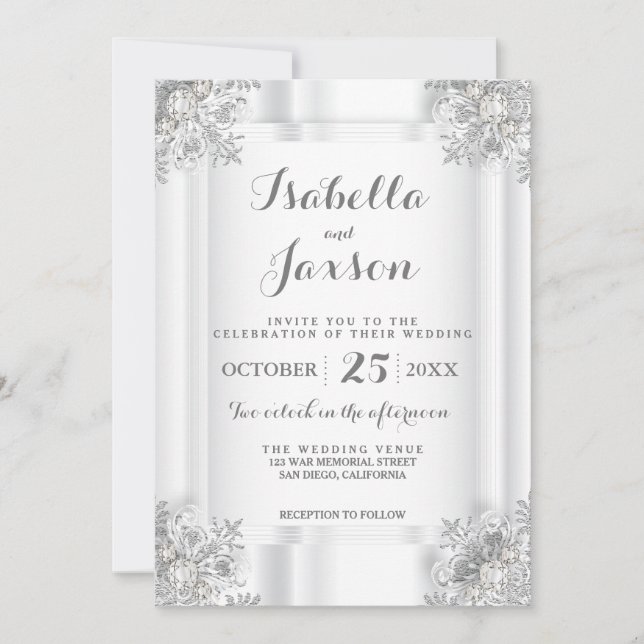 Convites Satin Branco Elegante e Ornamentado Prata Branco (Frente)