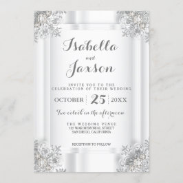 Convites Satin Branco Elegante e Ornamentado Prata Branco
